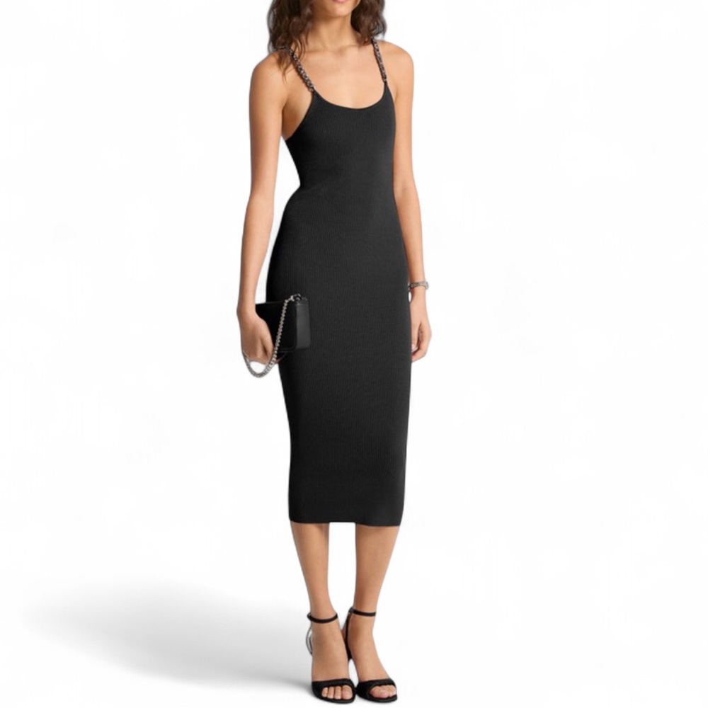 Michael Kors S/S 2026 Ribbed Black Chain Strap Midi Dress Medium NWT